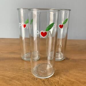 Pom Tea Drinking Glasses Vintage Set of 3 Heart & Leaf Logo Clear Glass